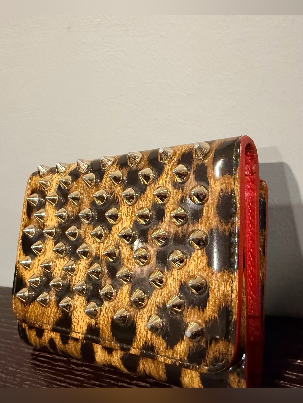 Christian Louboutin Red Leather & Leopard Print Spike Studded Card Wallet